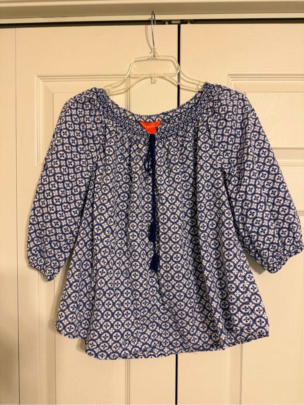 Joe Fresh Navy and White Printed Peasant Blouse